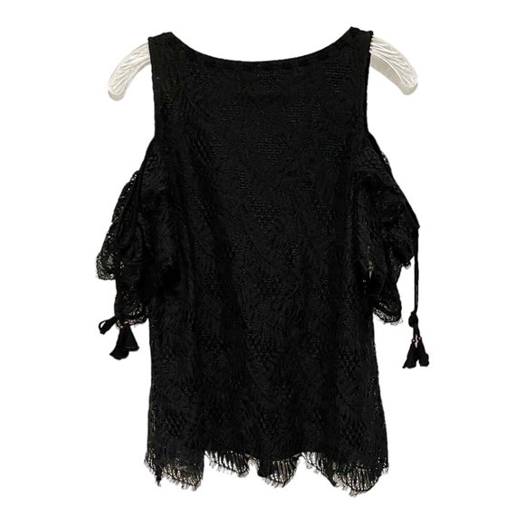 Hale Bob Small Cold Shoulder Lace Top With Tassel Tie Detail in Black - Picture 3 of 6